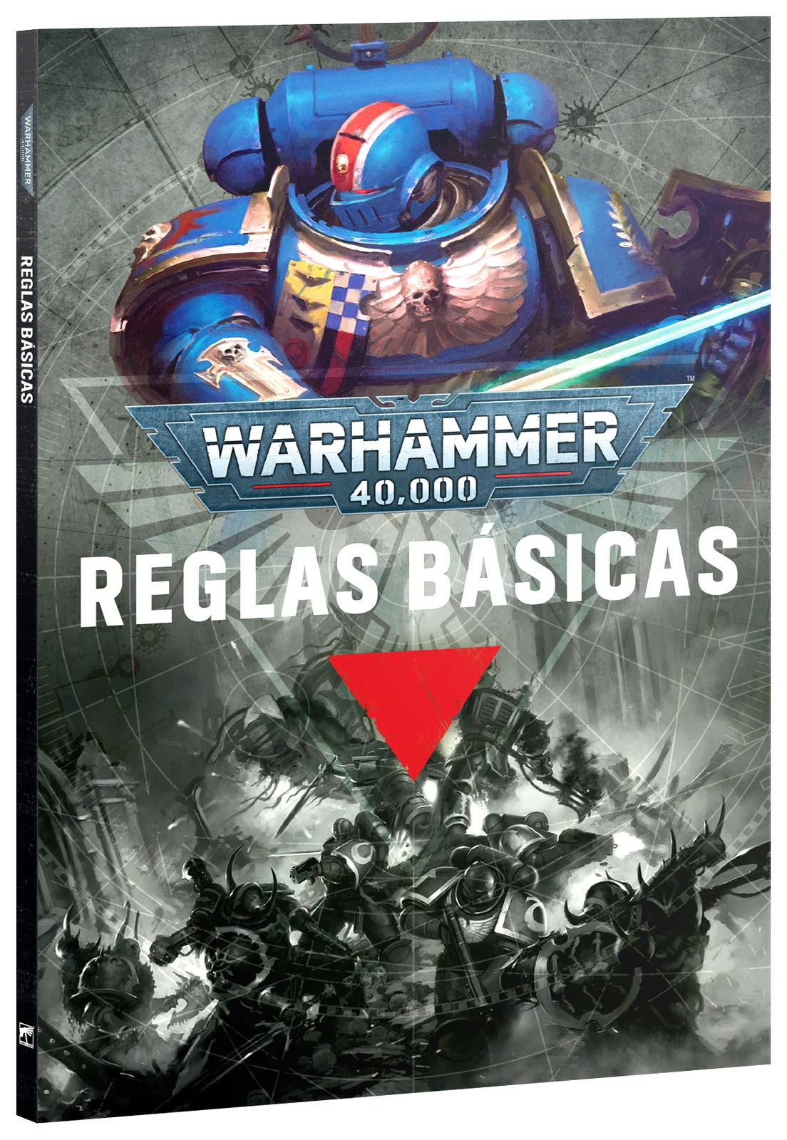 Libro de Reglas básicas de Warhammer 40,000 en español con un Ultramarine en portada