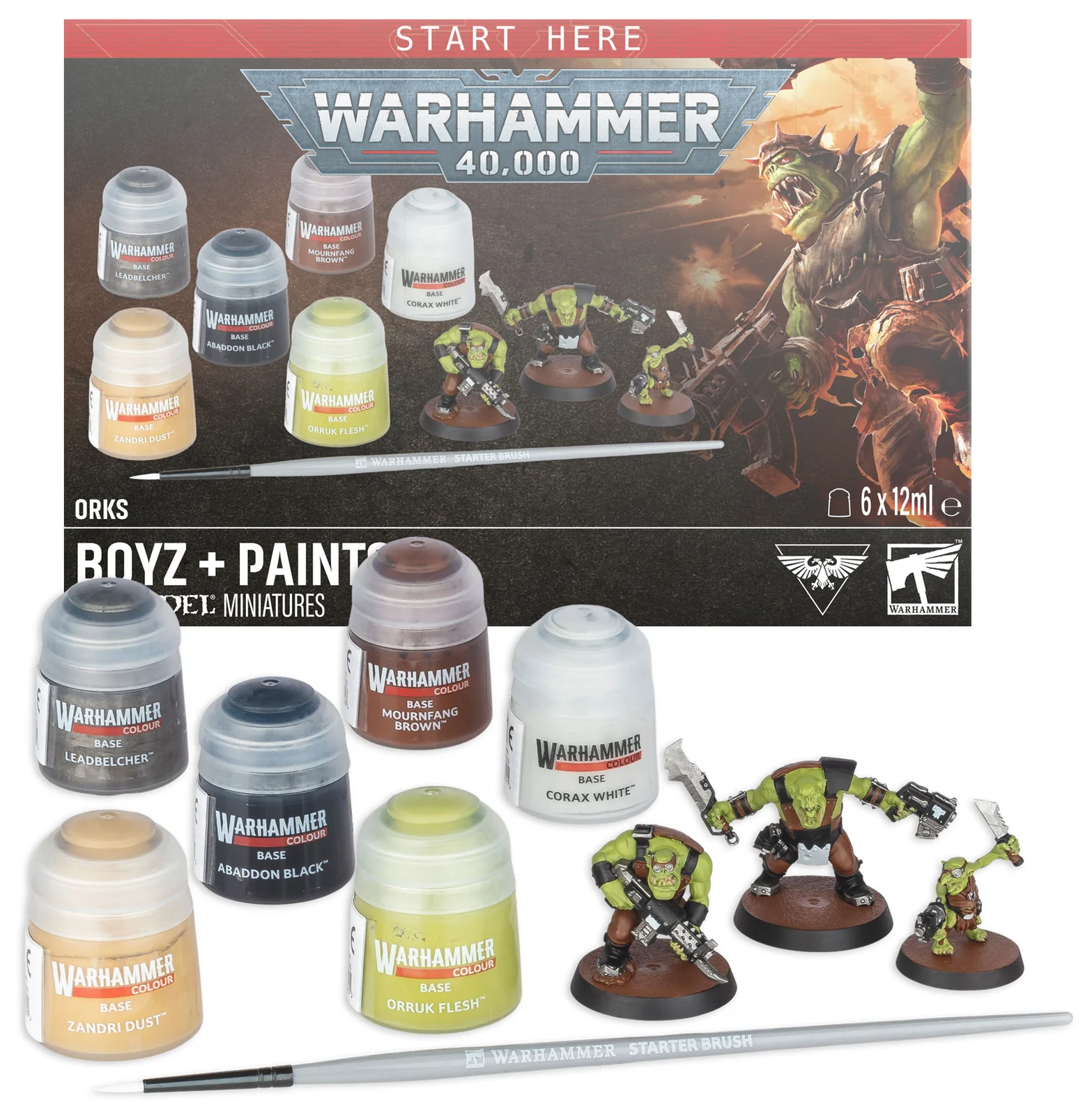 Set de Chikoz Orkos y pinturas Warhammer 40,000 con tres miniaturas y seis colores