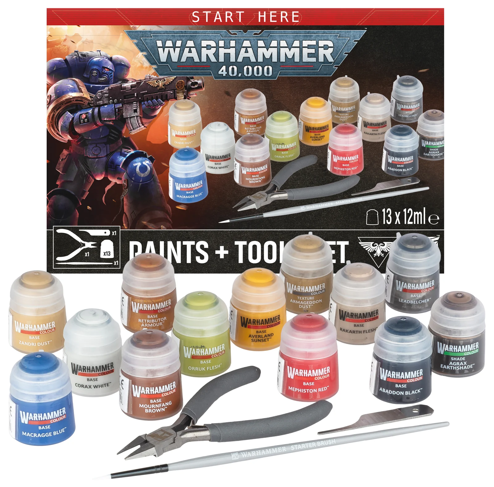 Set de pinturas y herramientas de Warhammer 40,000 con trece colores, pincel, tenazas y quitarrebabas