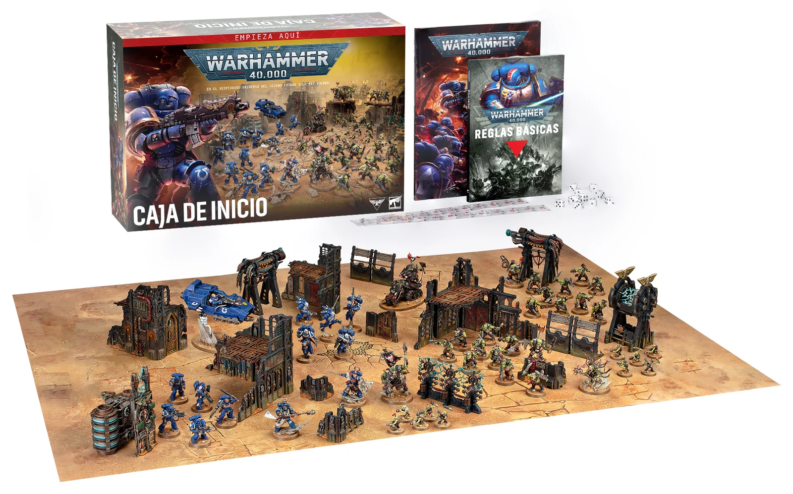 Caja de inicio de Warhammer 40,000 en español con Marines Espaciales, Orkos, terreno y reglas